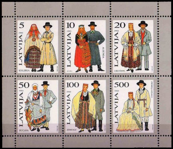 LATVIA 1993, Traditional Costumes, Couples Man & Women, Sheet of 6, MNH, Cat £ 43-S.G. MS 376