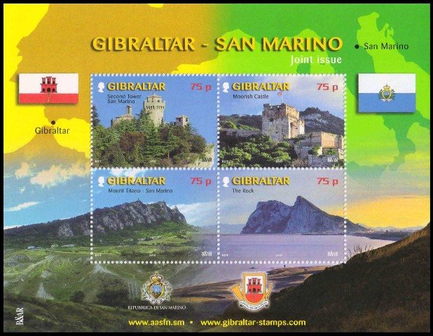 GIBRALTAR 2010-Gibraltar & Sanmarino, Tower & Castle, Mount Titano, Rock of Gibraltar, Sheet of 4, MNH, S.G. 1364