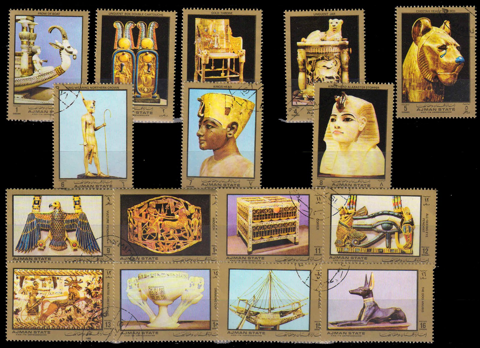 AJMAN STATE 1971 - 50th Anniversary Opening Tomb of Tutankhamen Nov 1922 by Lord Carnarvon and Howard Carter, Set of 16, Used Stamps
