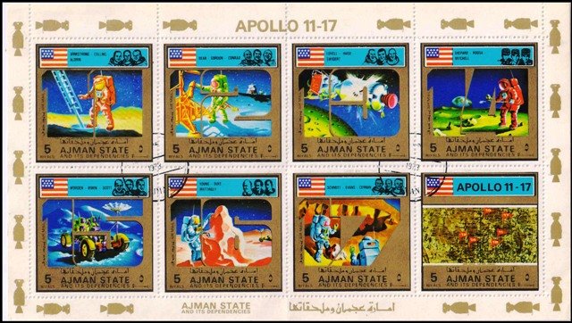 AJMAN 1973-Space, Flag, Apollo 11-17, Sheet of 8 Stamps, Used