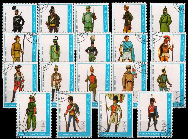 AJMAN STATE 1972-Military Uniforms, Weapons, 19 Different Cancelled Stamps-1st Series 