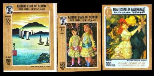 KATHIRI STATE OF SEIYUN 1967-Paintings, Imperf Set of 3 Stamps-MNH