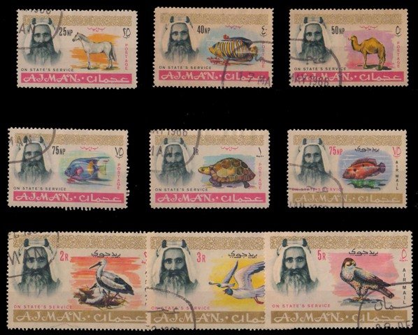 AJMAN 1965, Official Stamps-Camel, Fish, Bird, Tortoise, Stork, Gulls, Falcon, Used Set of 9, S.G. 064-072, Cat � 7.50-