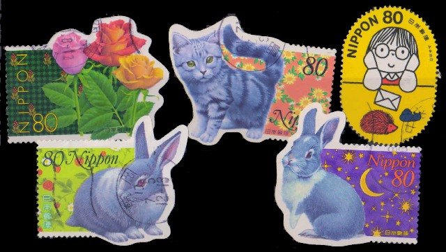 JAPAN ODD SHAPED-5 Different Used Thematic Stamps Cat, Rabbit, Rose  etc.