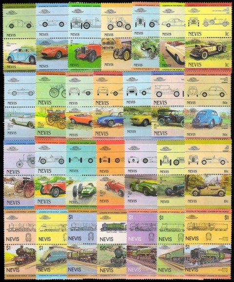 NEVIS-Railway Locomotives, Cars-100 All Different, Mostly Mint,  Few Used