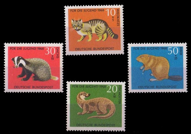 GERMANY WEST 1968-Wild Animals, Cat, Ottar, Badger & Beaver, Set of 4, MNH
