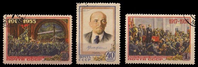 RUSSIA 1955-Lenin Speaking to Revolutionaries-Painting-Set of 3-Used, S.G. 1918-1920-Cat £ 8-