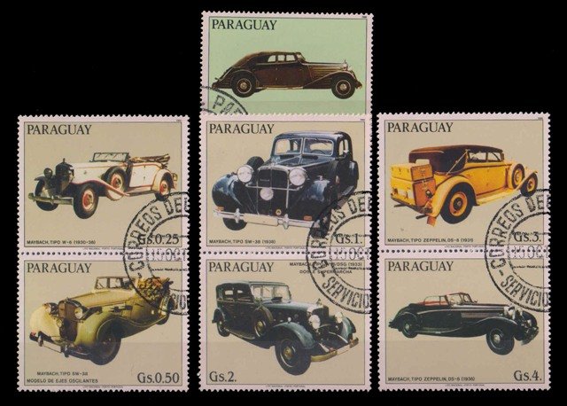 PARAGUAY 1986-Vintage Cars, Automobiles, Used Set of 7, Scott No. 2175-76