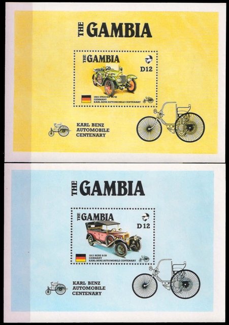 GAMBIA 1986-Stamp Exhibition Cent. of First Benz Motor Car, Automobile, Set of 2 Sheets, Cat £ 4-S.G. MS 658
