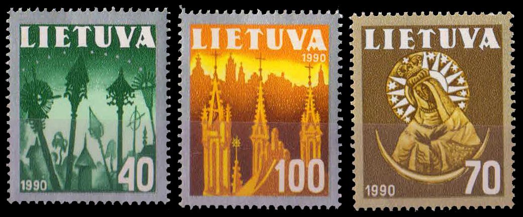 Lithuania 1991, Wayside Crosses, Chappel, Church, Christian, Set Of 3, MNH, S.G. 483-85