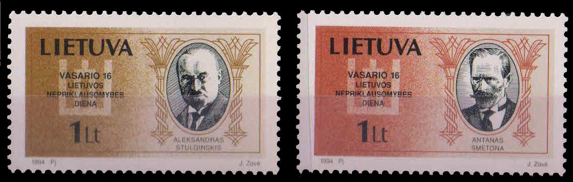 Lithuania 1994, National Day, President, Antanas Smetona & Aleksandars Stulgniskis, Set Of 2, MNH, S.G. 553-554