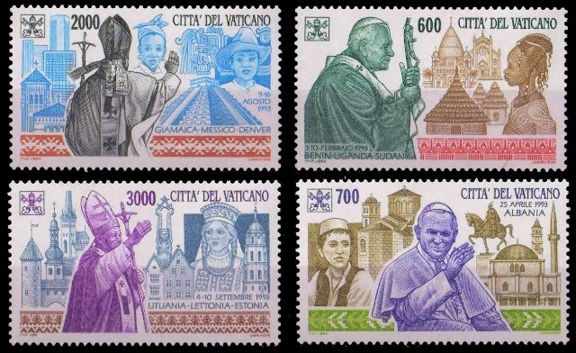 VATICAN CITY 1994-Pope John Paul II's Journey,s Albania, Jamaica, Mexico, Latvia, Set of 4, MNH, S.G. 1076-1080-Cat £ 16-