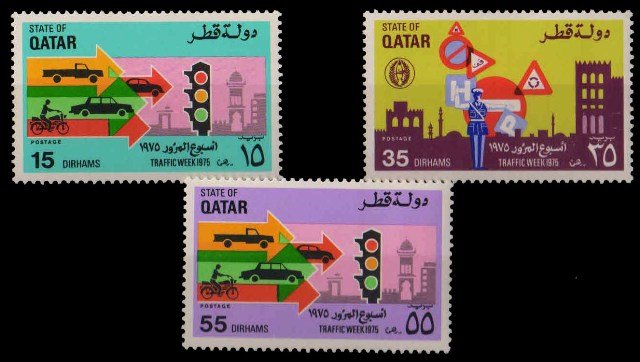 QATAR 1975-Traffic Week, Policeman and Road Signs, Set of 3, MNH, Cat £ 26.75-S.G  550-552