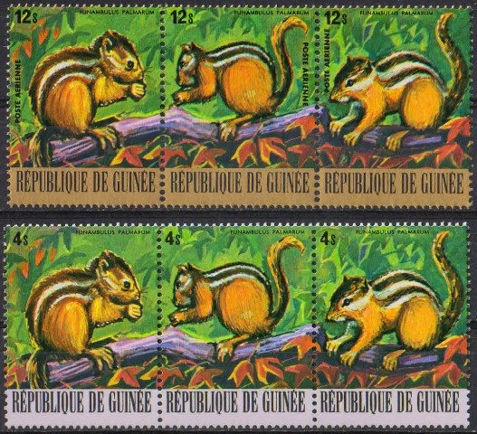 GUINEA 1977-Indian Palm Squirrel, Endangered Animals, Set of 6 Stamps, MNH, Cat � 12-S.G. 960-962, 978-980