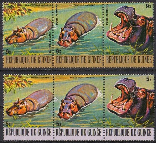 GUINEA 1977-Hippopotamus, Endangered Animal, Set of 6, MNH, Cat £ 12-S.G. 963-965, 972-974