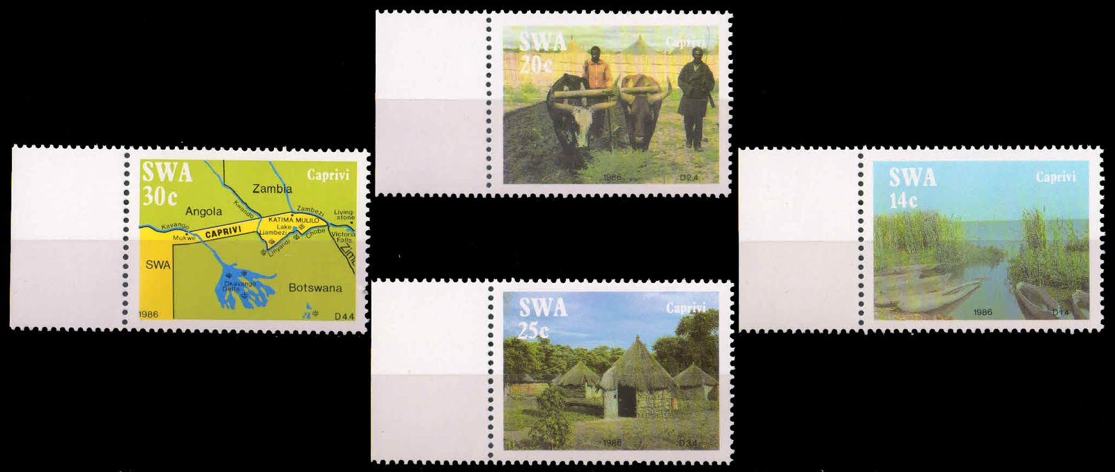 SOUTH WEST AFRICA 1986-Life in the Caprivi Strip-Agriculture, Map, Lake Liambezi, Set of 4, MNH