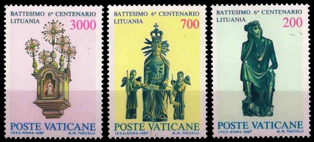 VATICAN CITY 1987-Statue of Christ, Lithuanian Chapel, Christianity, Set of 3, MNH, S.G. 874-876, Cat � 6.50-
