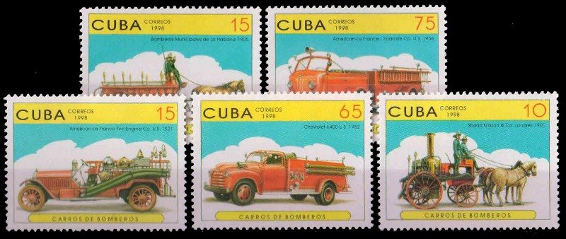 CUBA 1998-Fire Engineer, Set of 5, Horse Drown Fire Engine, American-French Fire Engine, MNH, S.G. 4242-46, Cat £ 4.25-