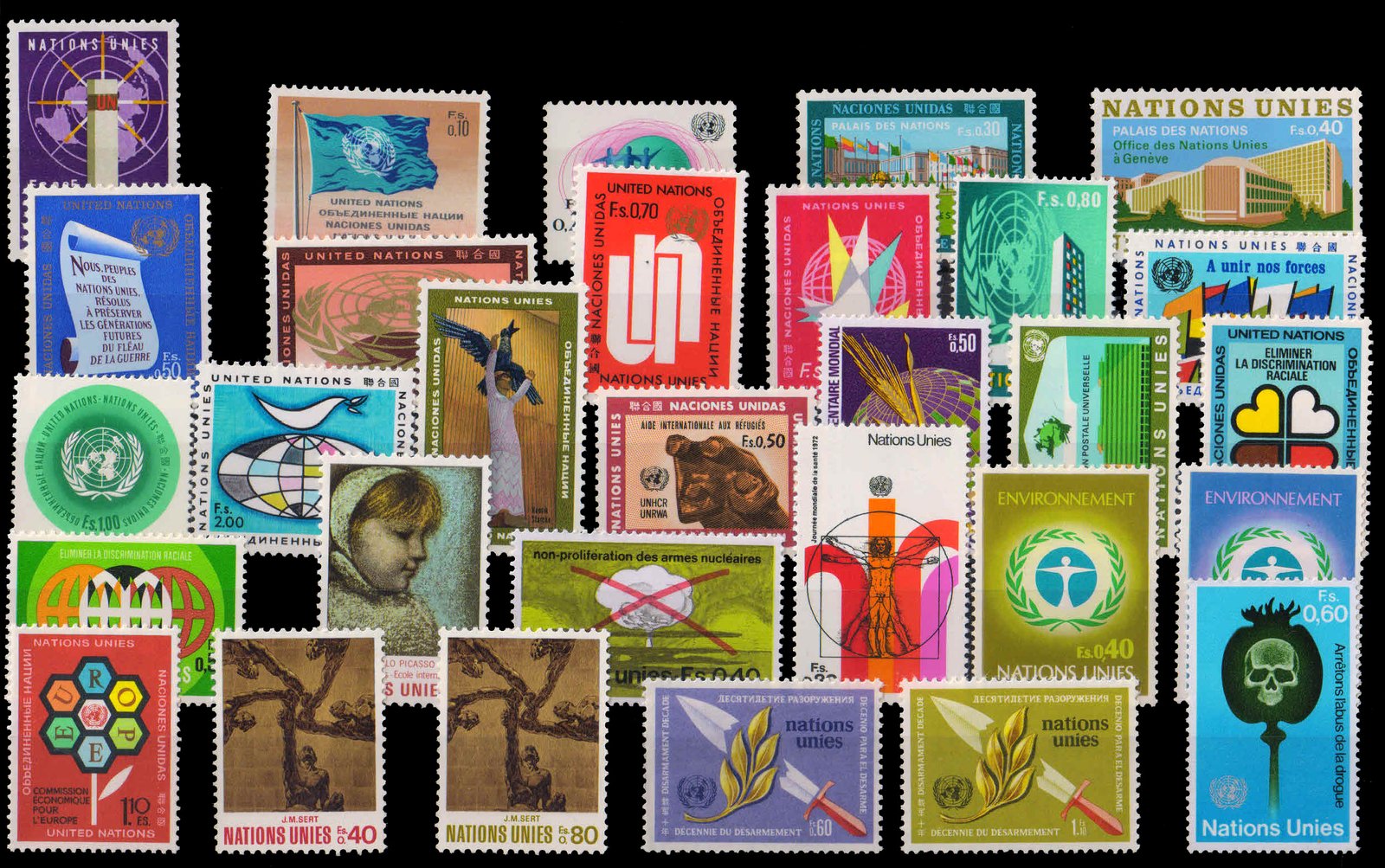 UNITED NATIONS-Geneva Office-58 All Different Stamps-MNH-Mostly Complete Sets-1969 to 1976 Period-Total 63 Stamps Issued-Catalog Value £ 60-