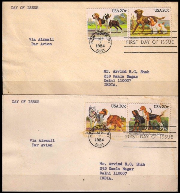 UNITED STATE OF AMERICA 1984 - Dogs, Commercial Used F.D.C, New York to Delhi-Set of 2 Covers