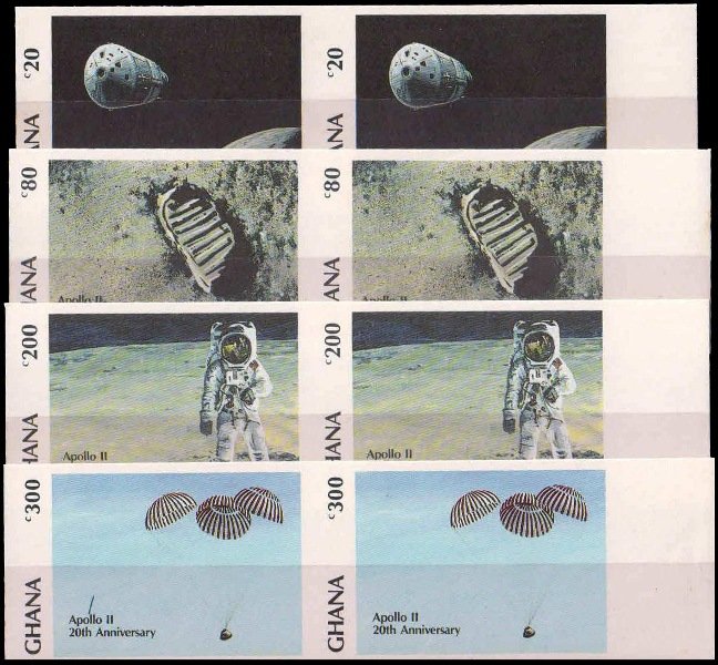 GHANA 1989-1st Manned Landing on Moon-Apollo 11-Neil Armstrong-Set of 4 Imperf Pairs-MNH, S.G. 1399-1402