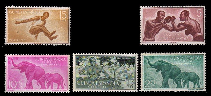 SPANISH GUINEA-5 Different Old Thematic, Elephant, Sports, Mint Stamps