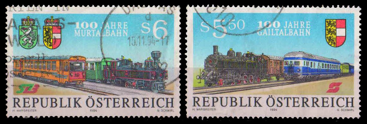 AUSTRIA 1994-Railway, Steam Locomotive, Diesel Rail Car, Set of 2, Used, Cat £ 3.20-S.G. 2376-77