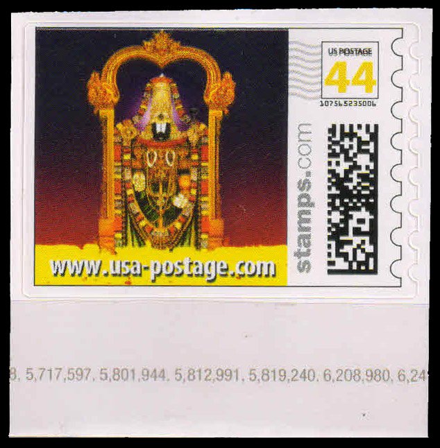 Shri Tirupati Balaji Maharaj Stamp from U.S.A., 1 Value, Mint, Self Adhesive, My Stamp