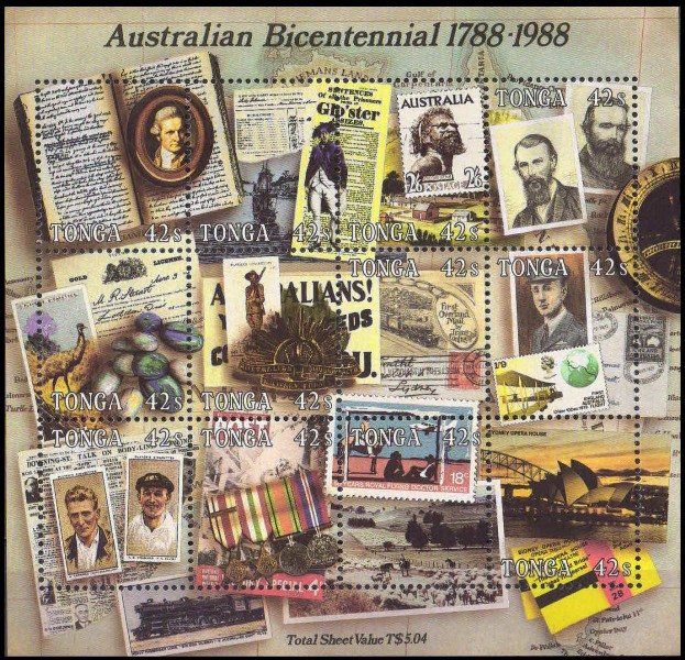 TONGA 1988-Bicent. of Australian Settlement Cricketers, Don Bradman & Harold Larwood S.G. MS 989-Sheet of 12 Thematic Stamps-MNH, Cat £ 40-