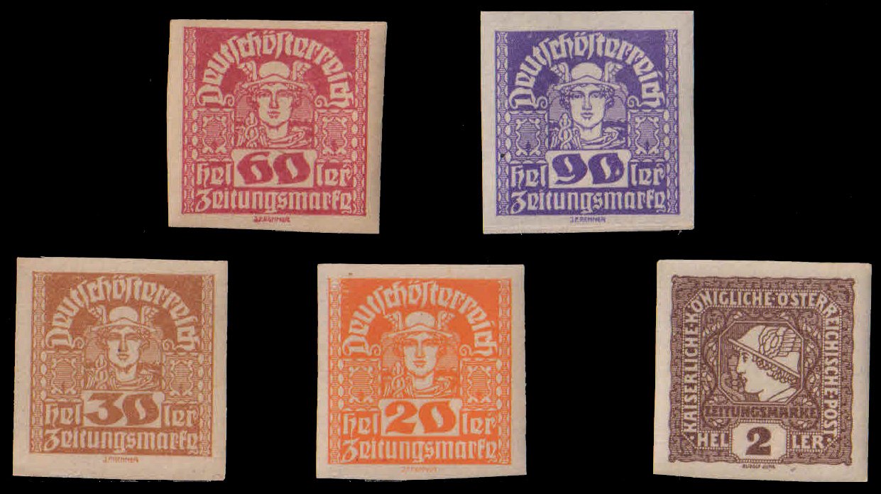 AUSTRIA 1920-Mercury-5 Different, Old Imperf Stamps-MNH