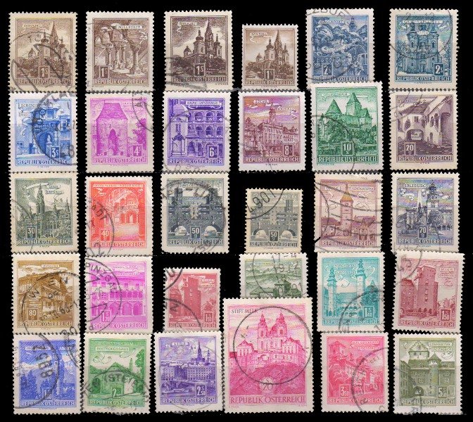 AUSTRIA 1957-Buildings, Architecture, Set of 30 Stamps-Used-Cat £ 16-S.G. 1295-1326