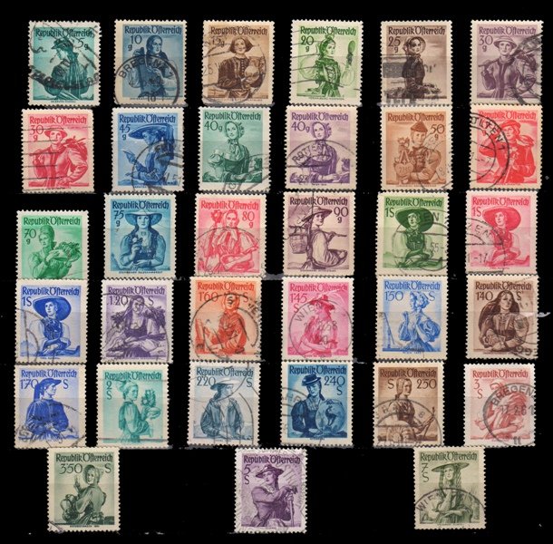 AUSTRIA 1948-Provincial Costumes-Set of 33 Stamps, S.G. 1108-1144-Used-Cat £ 25-