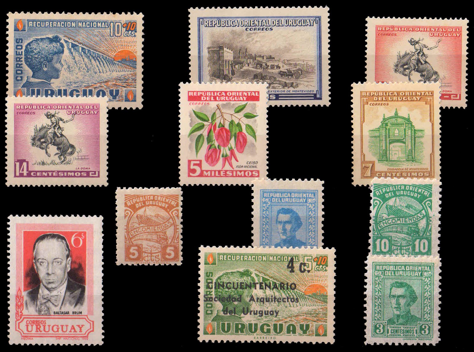 URUGUAY - 12 Different Old Mint Postage Stamps-Large and Small