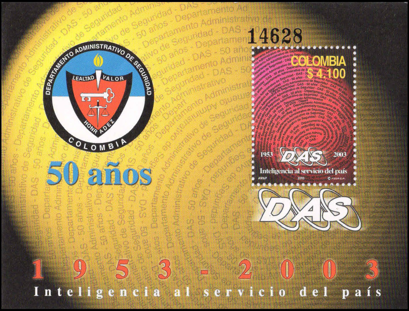 COLOMBIA 2003-50th Anniv. of DAS (Security Department) S.G. MS 2330-Finger Print S/Sheet