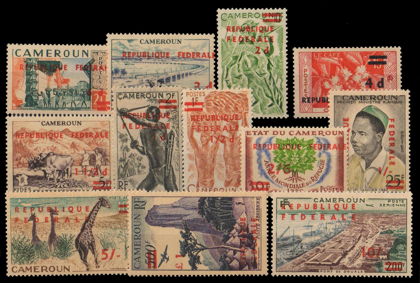 CAMEROUN 1961-Surcharged Thematic Issues-Complete Set of 12 Stamps-MNH, Cat £ 80-S.G. 286-297a