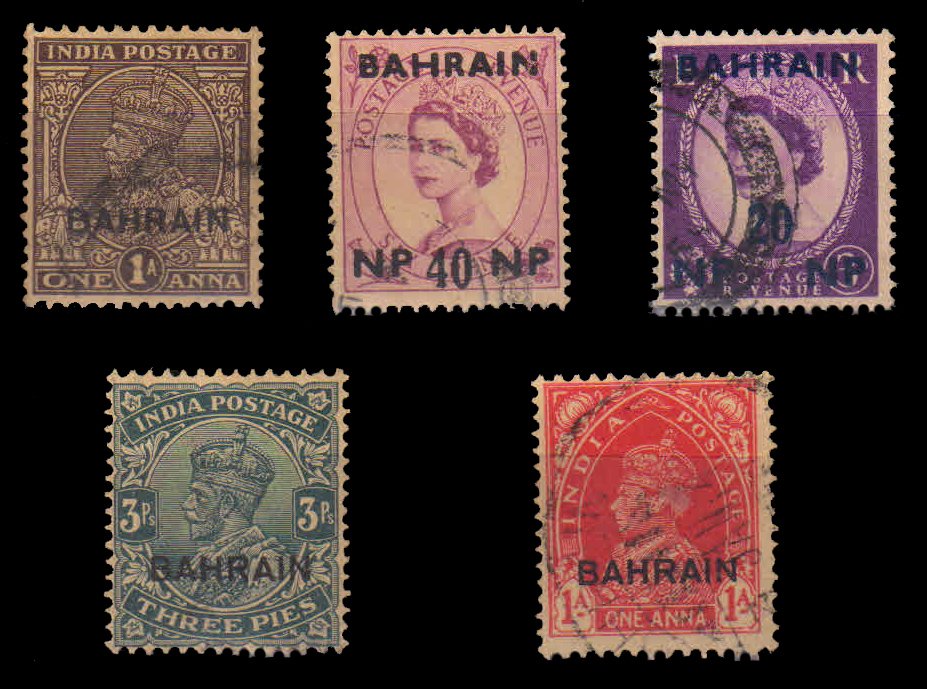 BAHRAIN 5 Different Old Surcharged overprint Stamps of India & Great Britain