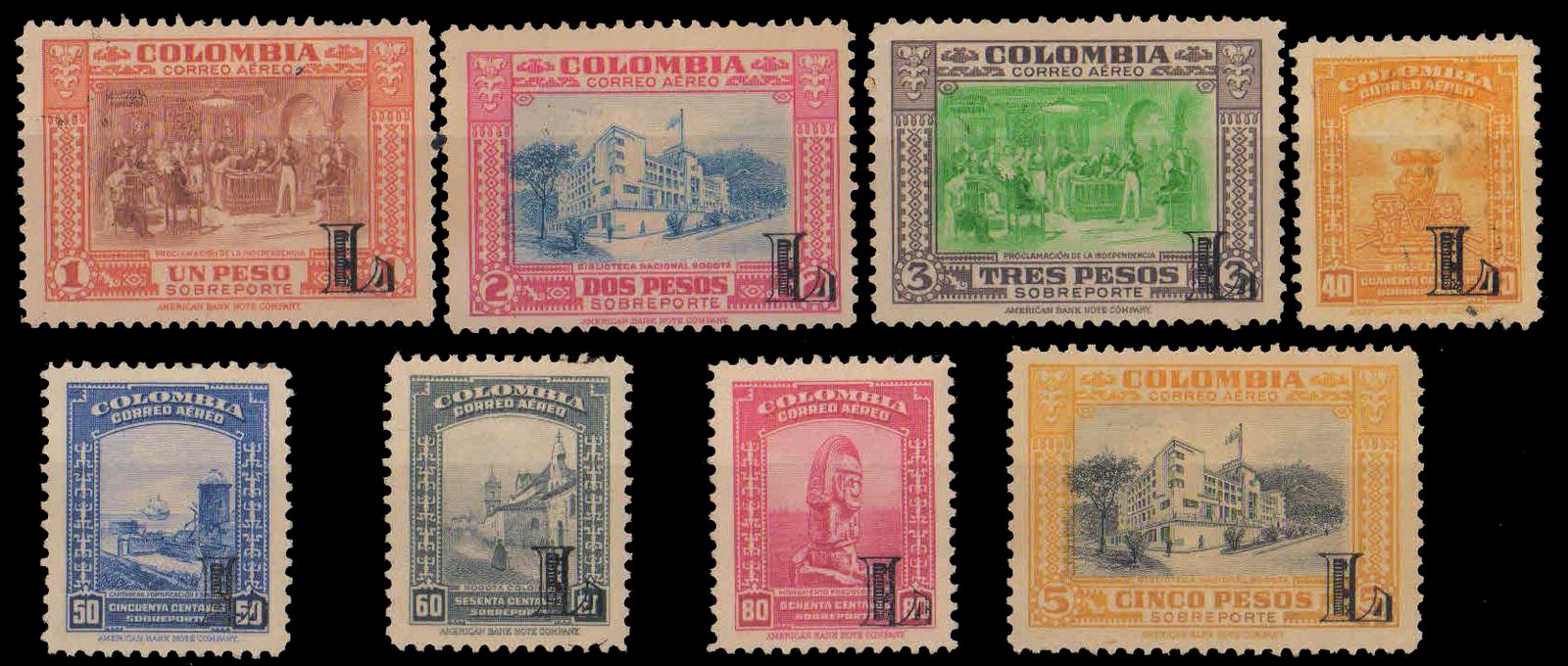 COLOMBIA 1951-Private Air Companies Issue "LANSA" Overprint 'L'-Set of 8-MNH, S.G. 21-28-Cat £ 115-