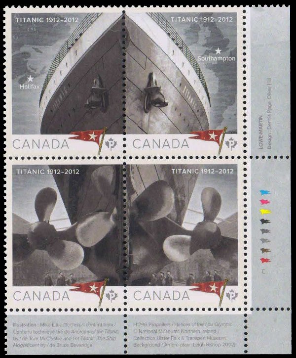 CANADA 2012-Cent. of the Sinking of the Titanic, Corner Block of 4 with traffic Light, 4th Position, S.G. 2848-2851-Cat � 9-
