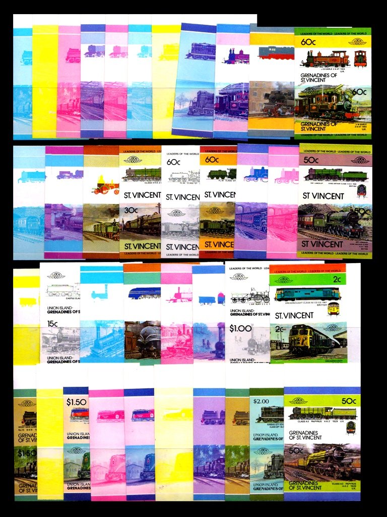 RAILWAY Locomotives on Stamps-imperf, Colour Trial, 104 Different Stamps, 52 Pairs, MNH, as per Scan from St. Vincent, Bequia, Union Islands Etc.