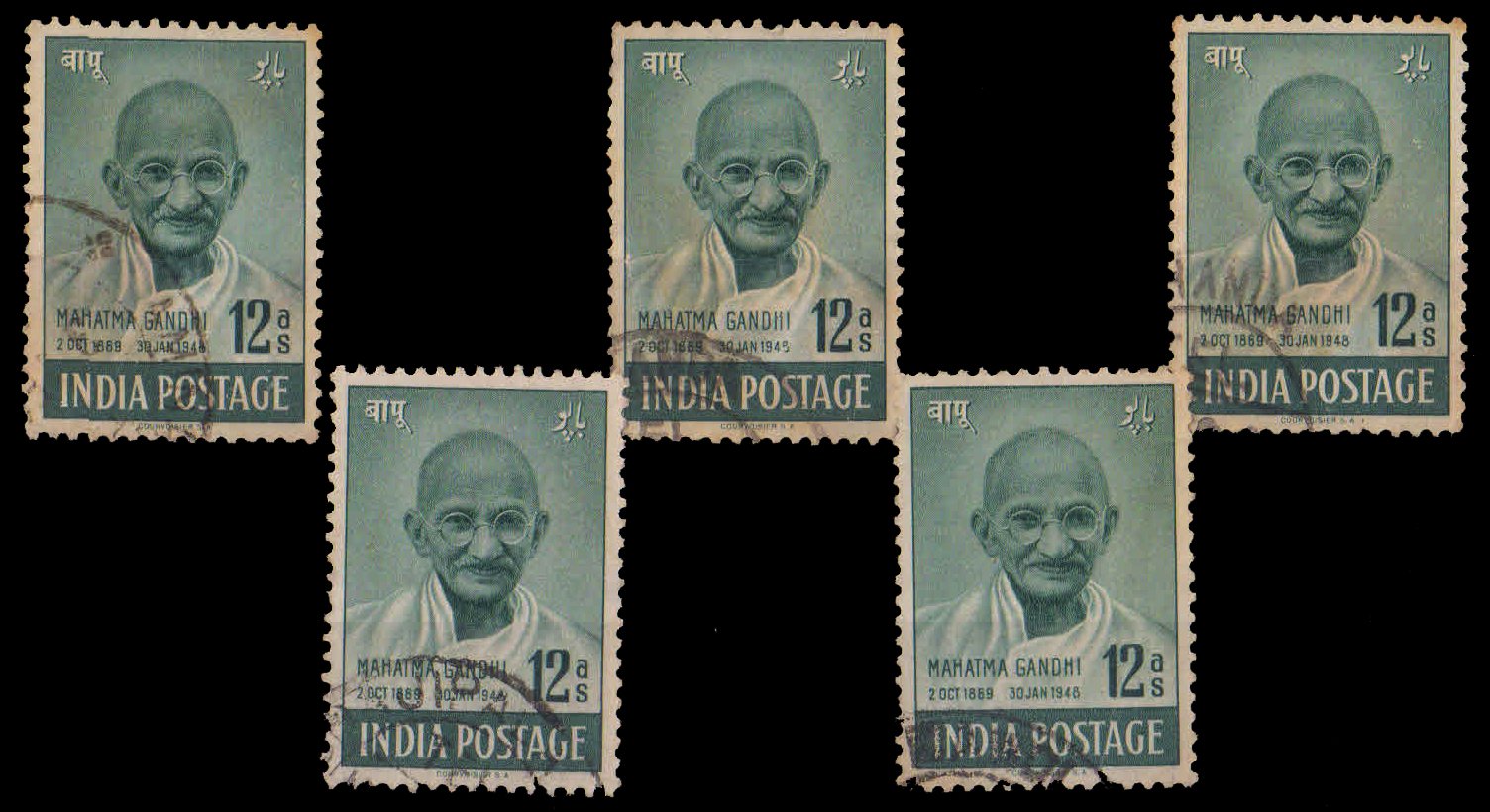 INDIA 1948-Mahatma Gandhi 12 As, Used 5 Copies, Mahatma Gandhi Mourning Issue