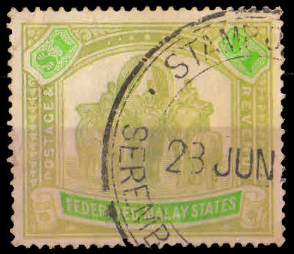 Federated Malay States- $ 1 Green, Elephant Stamp-1 Value, Used, S.G. 76a, Cat � 55-