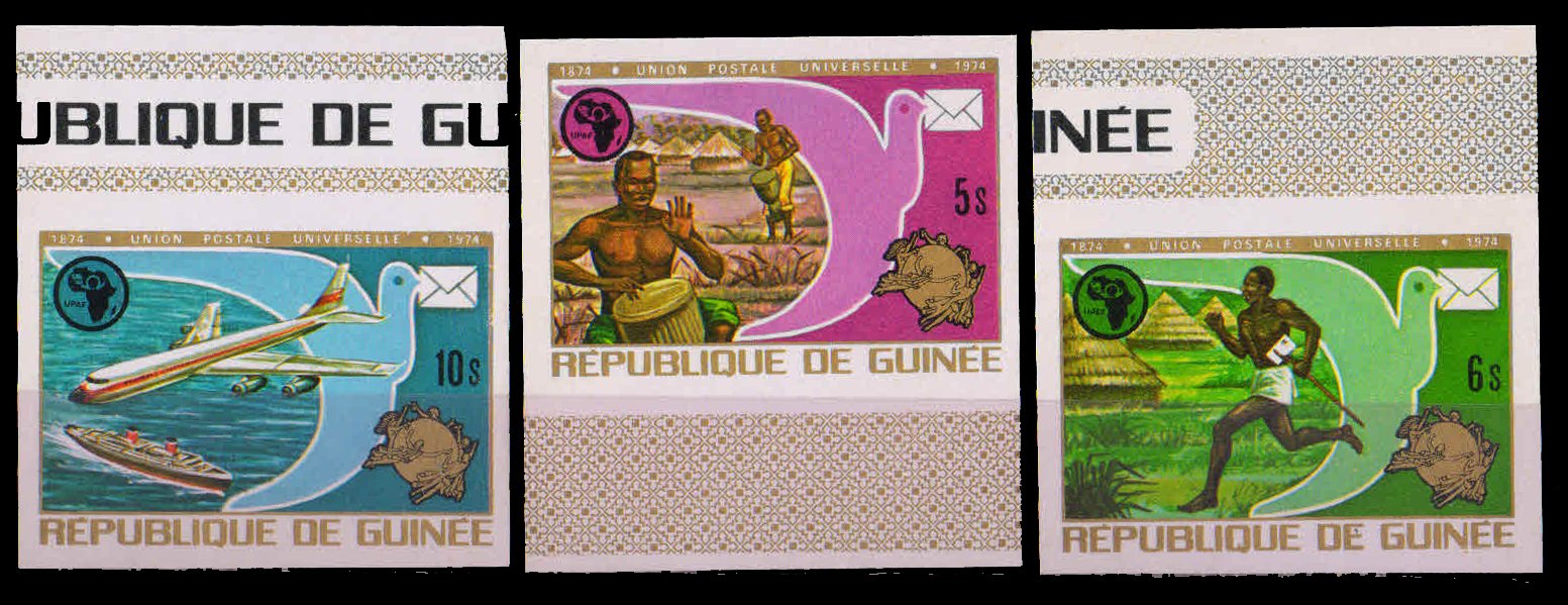 GUINEA 1974-Cent. of U.P.U. Set of 3, Imperf with Side Margin, Pigeon, S.G. 858, 859, 861