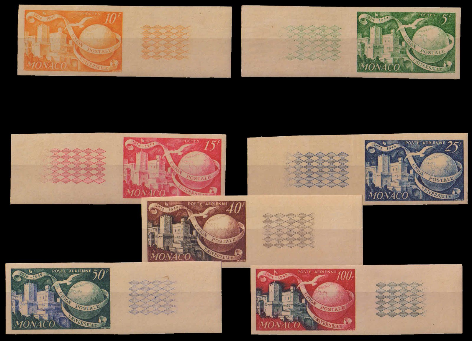 MONACO 1949-U.P.U. Imperf Set of 7, stamp with side Margin, Mint Lightly Hinged