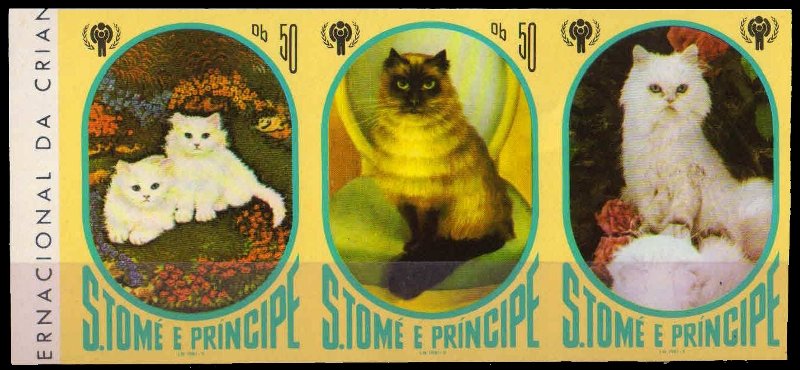 ST. THOMAS & PRINCE ISLANDS 1981-I.Y.C, Cats, Imperf Pair+Label, Scott No. 635