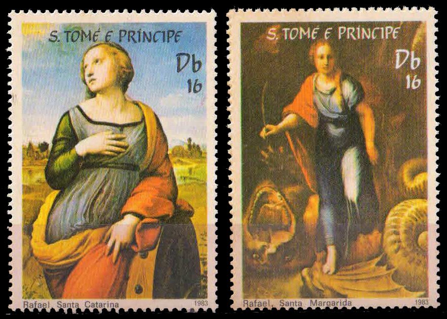 ST. THOMAS & PRINCE ISLANDS 1983, St. Catherine & St. Margaret by Raphael, Paintings, Set of 2 with Label, MNH, Scott 690a,b