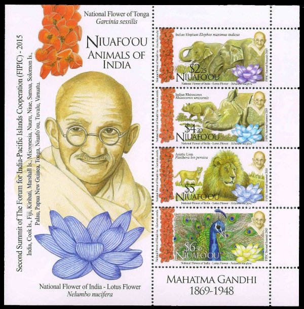 NIUAFO-OU 2016 - Mahatma Gandhi and Animals, Elephant, Rhinoceros, Lion and Indian Peafowl, Miniature Sheet, S.G. MS 419, Cat £ 18