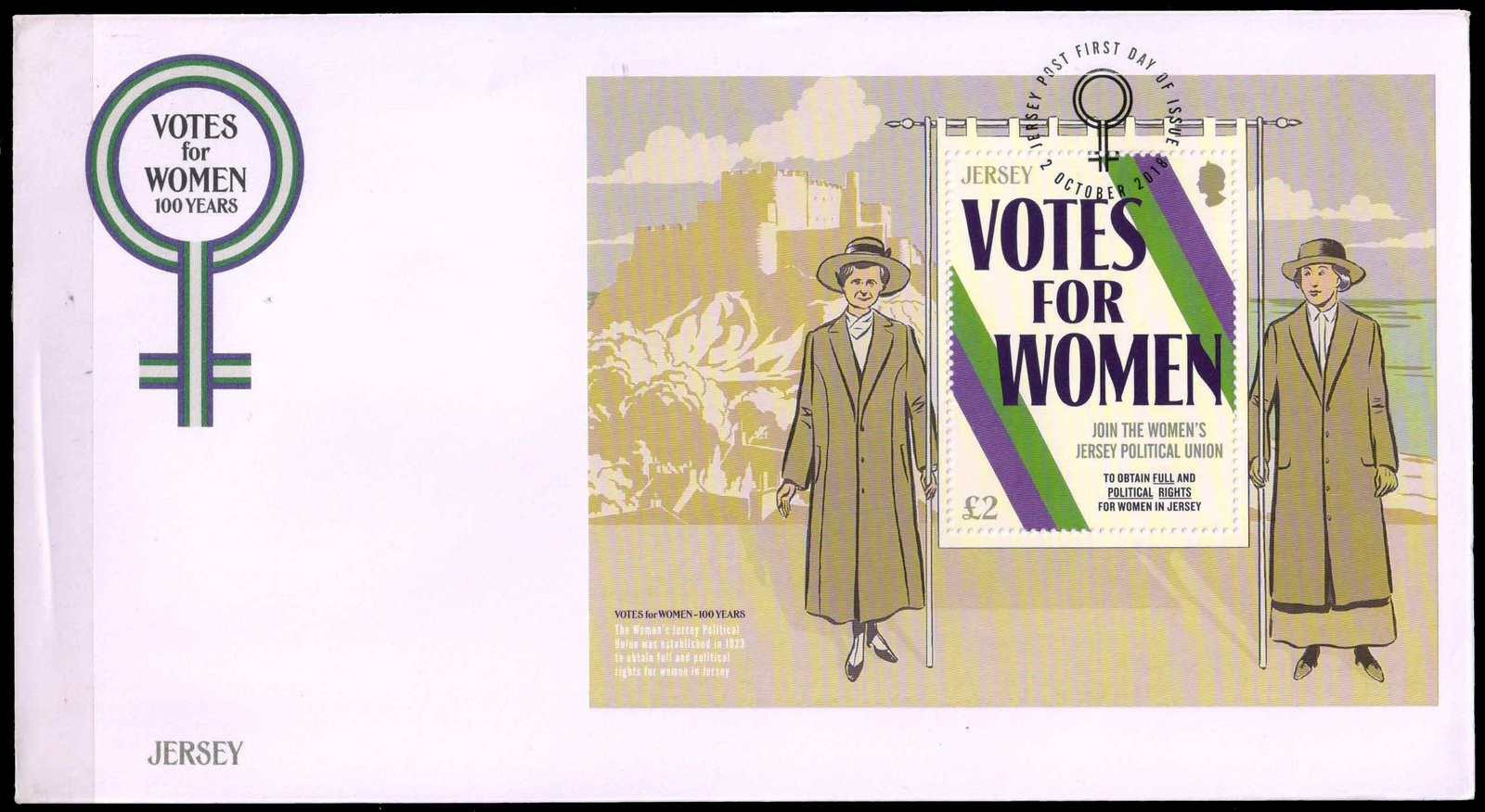 JERSEY 2018-Souvenir Sheet on First Day Cover-Votes For Women 100 Years-Face £ 3.15