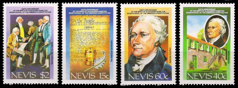 NEVIS 1987-Bicent. of U.S. Constitution, Alexander Hamilton, Set of 4, MNH, S.G. 466-469