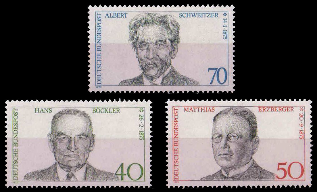 GERMANY 1975, Birth Cent. , Hans Bockler, Matthias Erzberger, Albert Schweitzer, Set of 3, MNH, S.G. 1722-24