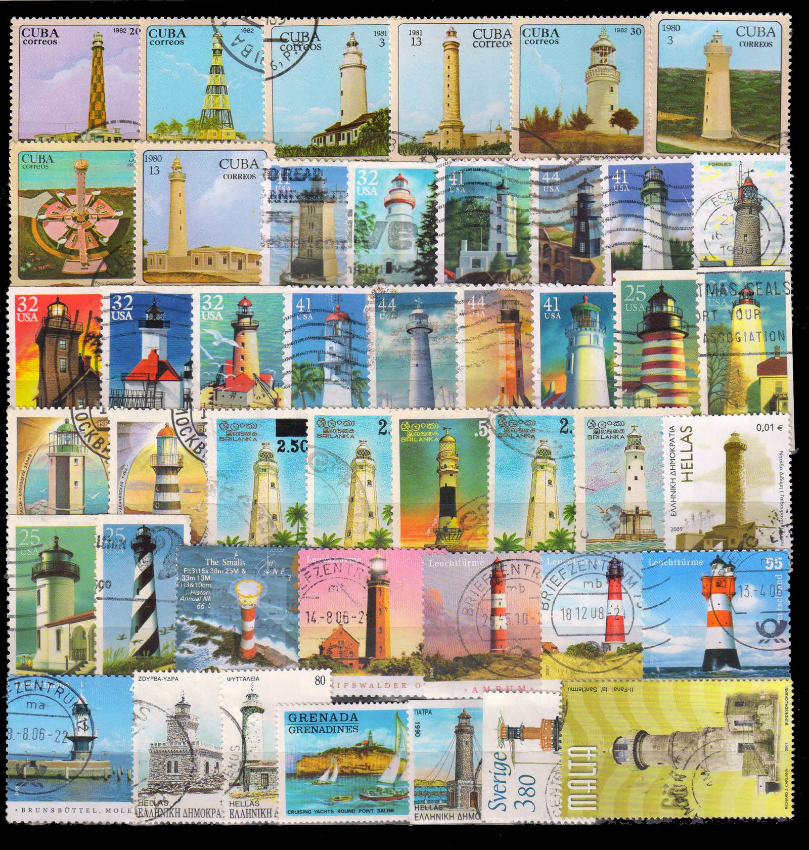 LIGHTHOUSE ON STAMPS-Worldwide 45 Different, Large Used Stamps
